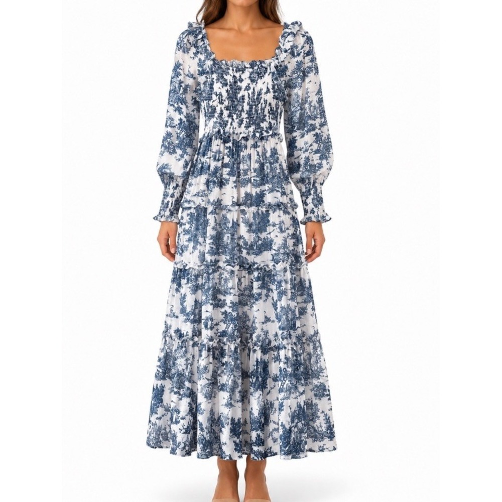 Hyacinth House Long Sleeve Georgina Maxi Dress in Blue Toile XXS NWT